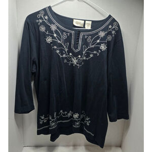 Women's Baxter & Wells Black Embroidered Long Sleeve Tee Plus XL vtg